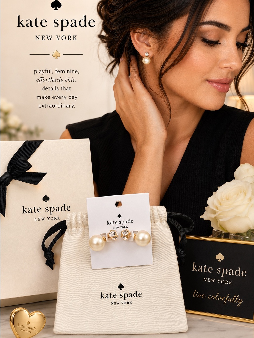 Exclusive Kate Spade Ivory and Gold pearl & crystal stud earring set
